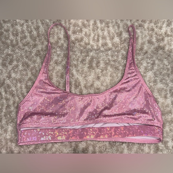 PINK Shimmer Rave Outfit Underboob top Cheeky Bottoms Mesh Skirt EDC - Picture 3 of 6